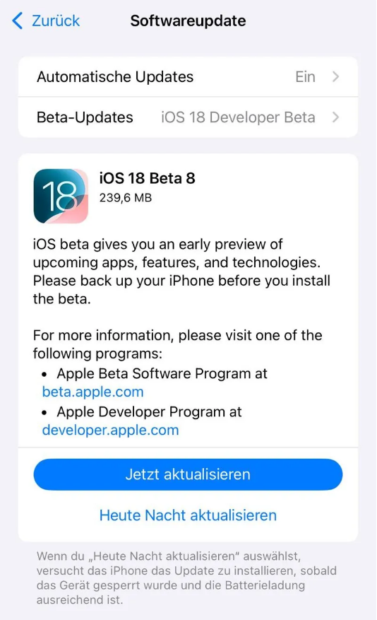 郊区苹果手机维修分享苹果 iOS / iPadOS 18 开发者预览版 Beta 8 发布 